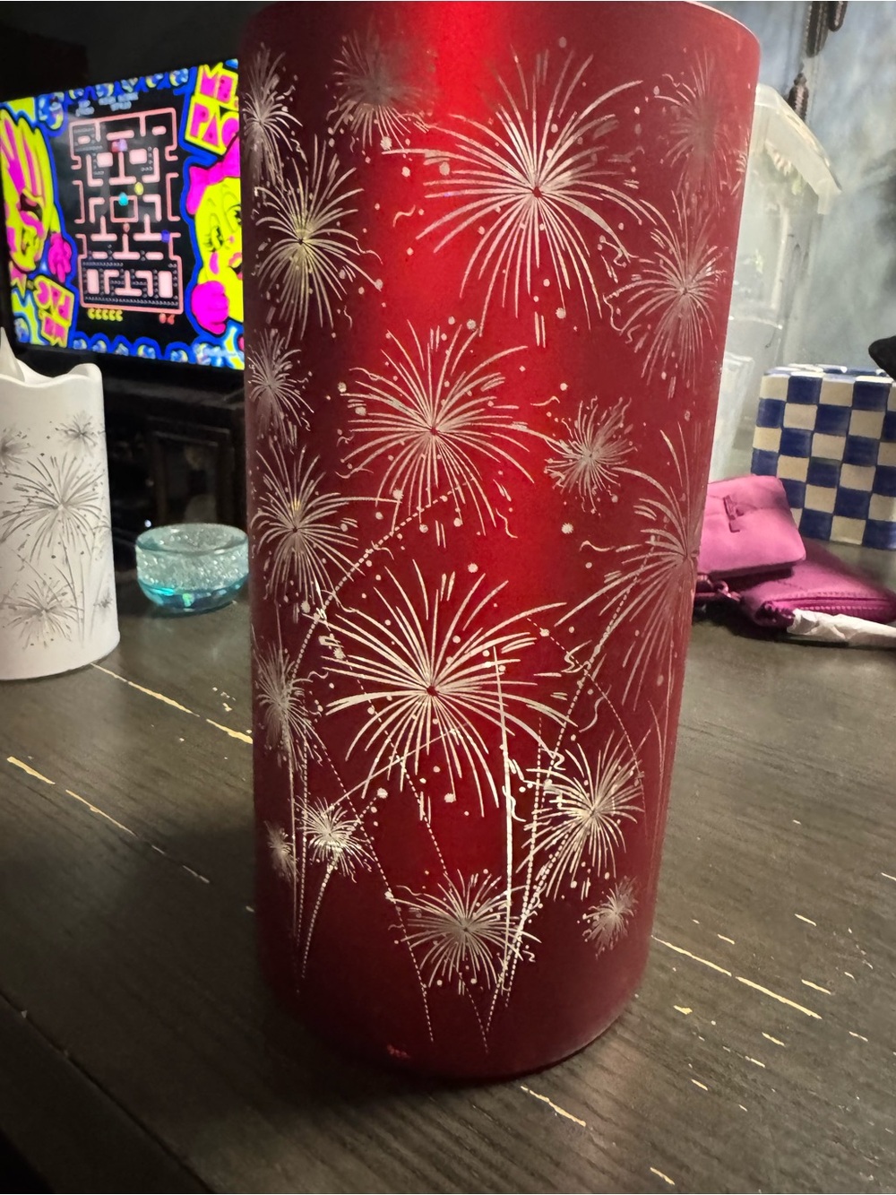 Source Unknown Red Lantern with White Firework Design